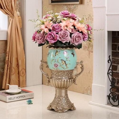 European Luxury Hotel Resin Floor Vase Figurines Decoration Home Livingroom Porch Fake Flower Pots Accessories Office Ornaments