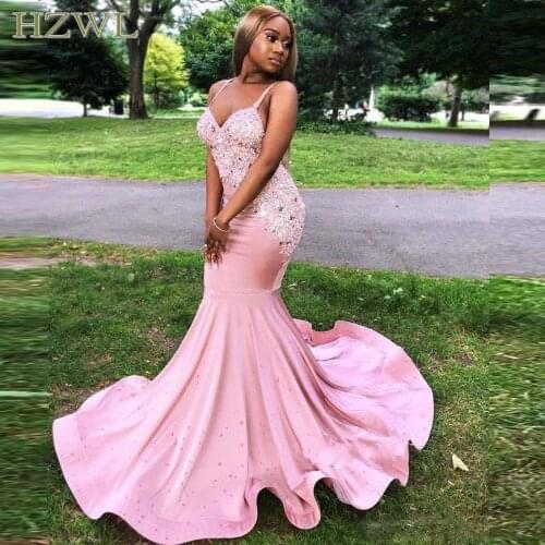 Beaded Crystals Pink Mermaid Prom Evening Dresses Spaghetti Straps African Formal Party Gowns