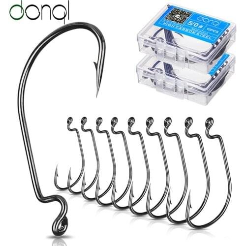 DONQL 10pcs/ Set Fishing Hook Carbon Steel Wide Crank Offset Fishhook For Soft Worm Lure 5/0#-1# Bass Barbed Carp Fishing Hooks