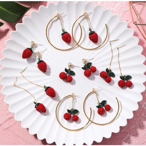 925 silver needle sweet strawberry cherry earrings cute exaggerated fringed rhinestone super fairy long girl heart earrings