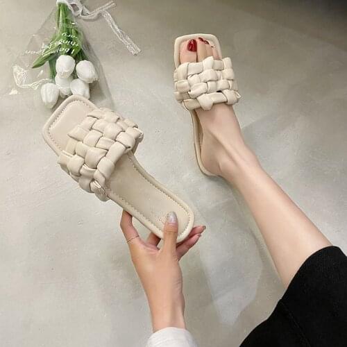 Fashion Weave Slippers Women Square Toe Flat Casual Shoes Women Slides 2021 Summer Flip Flops Beach Sandal Slipper Big Size42