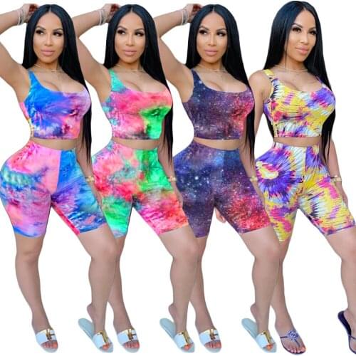 Tie Dye Print Tracksuit Sleeveless Vest Tank Crop Top+ Biker Shorts Casual Fitness Sporty Two Piece Set Women Lounge Wear Femme