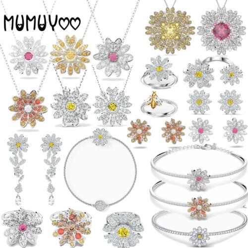 2020 SWA 1:1 Fashion Jewelry High Quality Glamour Sun Flower Yellow Crystal Pendant Necklace Set Daisy Flower Necklace Women