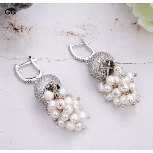 GuaiGuai Jewelry 4-5MM Natural White Round Pearl Earrings CZ Fitting For Women
