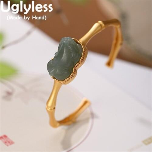 Uglyless Brave Troops Jade Emerald Bracelets for Women China Chic Be Rich Gifts Jewelry Gold Thin Bracelets & Bangles 925 Silver