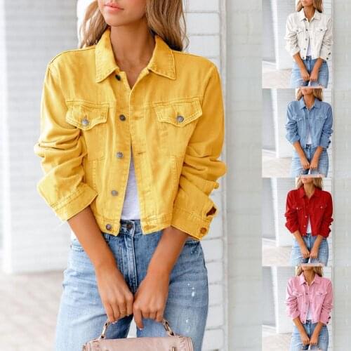 Autumn Winter Denim Jacket Women 2021 Turn-down Collar Short Coat Long Sleeve Fashion Solid Color Button Pockets Outerwear