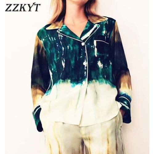 ZZKYT 2021 Women Spring Vintage Tie-dye Blouses Fashion Lapel Collar Long Sleeve Single Breasted Female Shirts Casual Chic Tops
