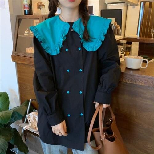 Retro Tops Women Peter Pan Collar Double Breasted Loose Puff Long Sleeve Shirts Blouse Sweet Girls Casual Shirt