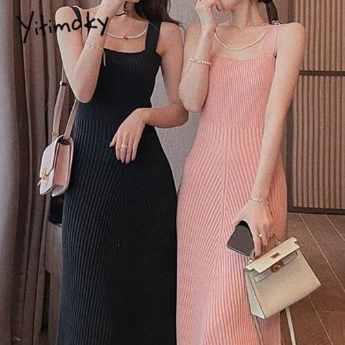 Yitimoky Ribbed Knitted Women Spaghetti Strap Dresses Summer 2021 New Fashion Sleeveless Casual Slim Black Party Midi Dress Pink