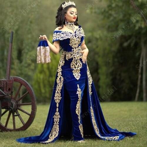Royal Blue Morocco Caftan Muslim Evening Dresses 2021 V Neck Mermaid Prom Dress Gold Lace Appliques Velvet Formal Party Dress