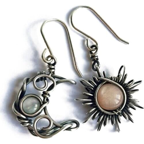 Antiqued Sun and Moon Hook Earrings Bohemia Celestial Moonstone Dangle Drop Earrings Women Boho Fashion Jewelry