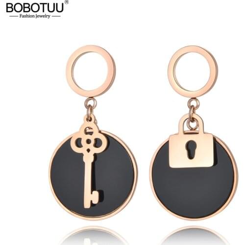 BOBOTUU Earrings Key & Lock Rose Gold Color Stainless Steel Black Disc Asymmetric Jewelry Bijoux Engagement Earrings BE18450