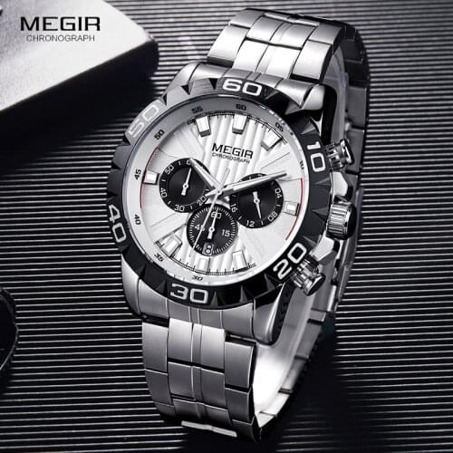 MEGIR Mens Business Chronograph Quartz Watches Stainless Steel Waterproof Luminous Dress Wristwatch Man Relogios 2087 White