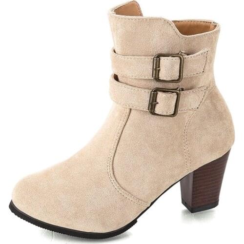 CUZULLAA Women Autumn Flock Ankle Boots Mid Heel Shoes Lady Fashion Buckle Boots Female Booties Plus Size 35-43