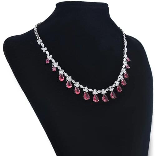 Korean Style Fashion Luxury Platinum Inlaid Red Zircon Necklace Earrings Set Bridal Wedding Party Dress Jewelry Accessory Set