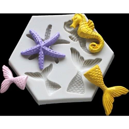 KUXSE Mermaid Tail Starfish Seahorse Silicone Mold Fondant Cake Decorating Tool Chocolate Gumpaste Resin Clay Molds Baking Tools