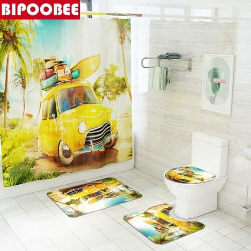 Summer Outing Shower Curtain Sets Non-Slip Rugs Yellow Car Toilet Lid Cover and Bath Mat Waterproof Polyester Bathroom Curtains