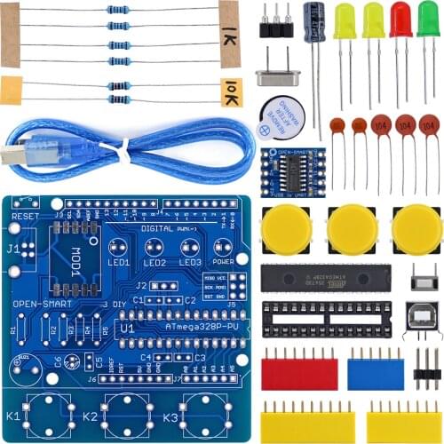 OPEN-SMART DIY ATmega328P R3 Development Board Blue CH340 Driver Soldering Parts Kit Buzzer LED Button Compatible for Arduino