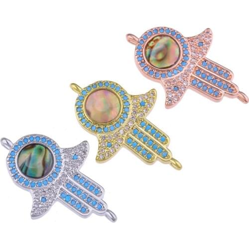 Copper micro-inlaid zircon Double hanging palm color shell patch DIY jewelry accessories bracelet necklace connecting pendant
