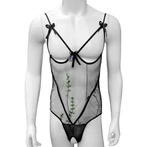 Mens Bodysuit Open Crotch Floral Embroidery Babydoll for Sissy Open Chest Ulter thin Sheer Tranparent Jumpsuit Gay Nightwear