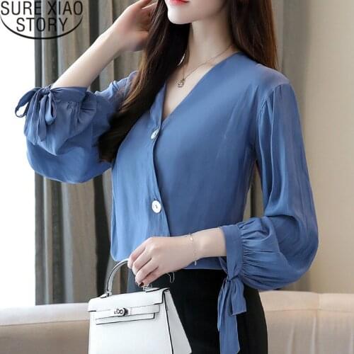 2019 spring the new Lantern sleeves with bow chiffon womens beautiful blouse loose cover design style female shirt 1985 50