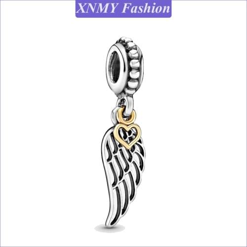 XNMY New Original Silver Color Angel Wing and Heart Dangle Charm fit European Pandora Barcelet Necklace For Women DIY Jewelry