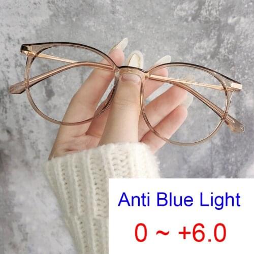 Anti Blue Light Hyperopia Magnifying Glasses Women Clear Brown Round Eyeglasses Frame Computer Reading Sleeping Glasses 0 to +6
