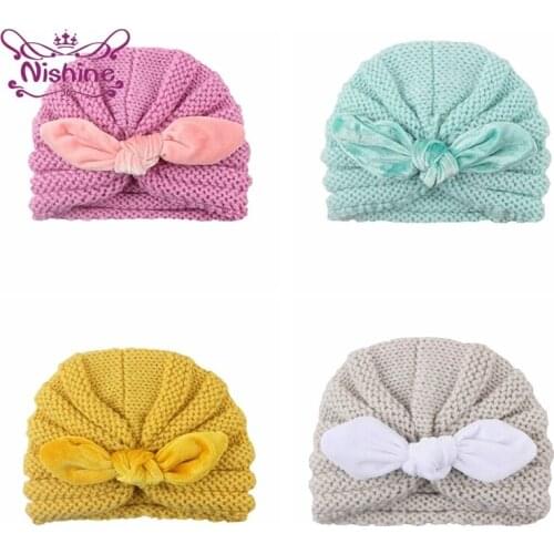17*13 CM Autumn and Winter Warm Knitted Wool Infant Hats Soft Gold Velvet Bunny Ears Baby Caps Handmade Knotted Toddler Headwear