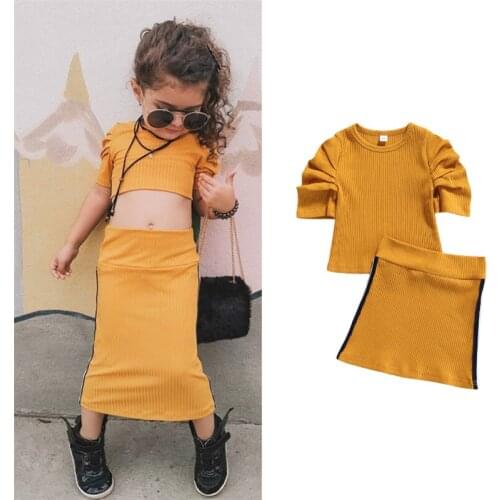 0-5Y Summer Fashion Toddler Clothes Baby Girls Ribbed Puff Sleeve Tops+Stripe Skirt Outfits Casual 2pcs Clothes Set