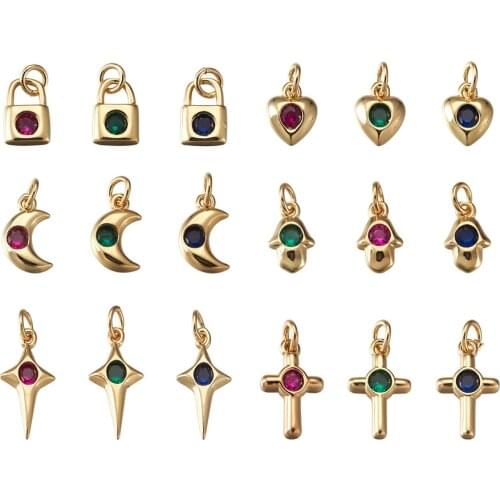 36Pcs Cubic Zirconia Pendant Charms Twinkling Star Cross Lock Moon Heart Dangle for Necklace Earring Bracelet Jewelry Craft