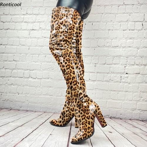 Ronticool New Women Winter Crotch Boots Shiny Side Zipper Block Heel Round Toe 3 Colors Leopard Party Shoes Women Us Size 5-20