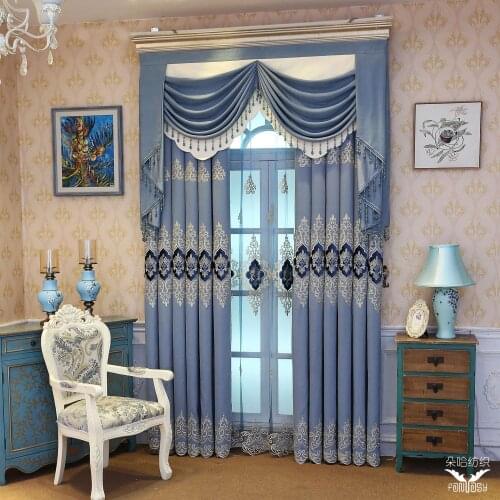 European-style Curtains for Living Room Bedroom Blue Chevron Embroidered Curtains Luxury Curtains Valance Curtains Tulle Curtain
