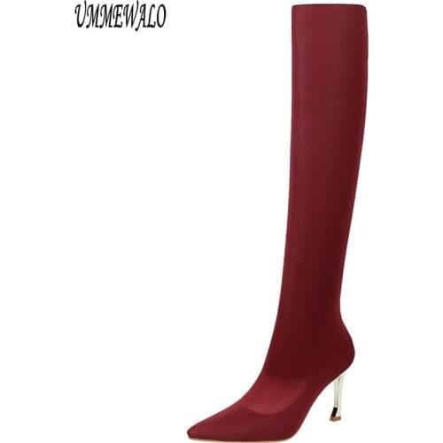 UMMEWALO Over Knee Boots Women Fashion Pointed Toe High Heel Shoes Winter Boots Ladies Shoes