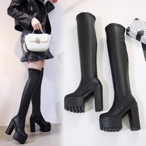 15cm Super High Heel Women Boots Long Boots Black High Heels Square Heel Over-the-Knee Boots Sexy Elastic Boots High Boots 38,39