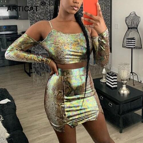 Articat Snake Print Spaghetti Strap Two Piece Set For Women Irregular Long Sleeve Crop Top Skirt Ladies Autumn Backless Sexy Set