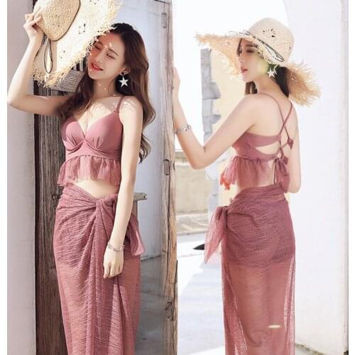 2020 New Women Solid Bikini Set Sexy Swimwear High Waist Three Piece Suit High Cut Swimsuit Halter Top Beachwear Lace Biquini