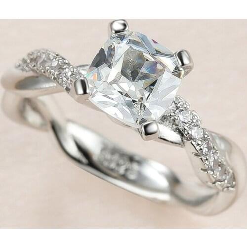 White Square Stone Ring 4 Prong Crystal Zircon Rings For Women Wedding Jewelry Vintage Fashion Silver Color Dainty Infinity Ring