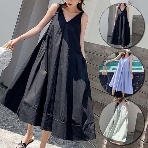 2021 Simple Summer Vest Dress V Neck Solid Color Women Long Dresses Cool Beach Holiday Sleeveless Dress Girl Black Maxi Clothes