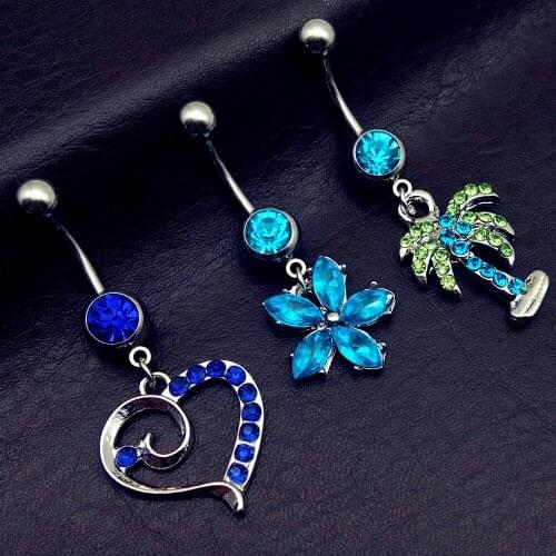 3pcs 2019 new arrivals blue heart flower Coconut tree dangling navel belly bar button rings body piercing jewelry free shipping