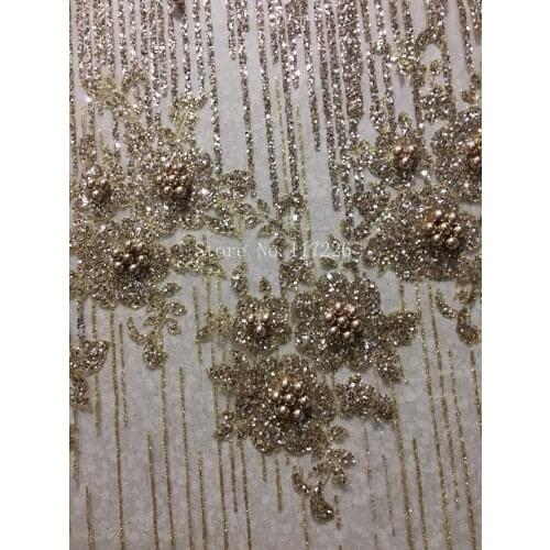 Gold color top sale glitter mesh material for evening dress 5 yards special JRB-1001 glued glitter lace fabric with pearls