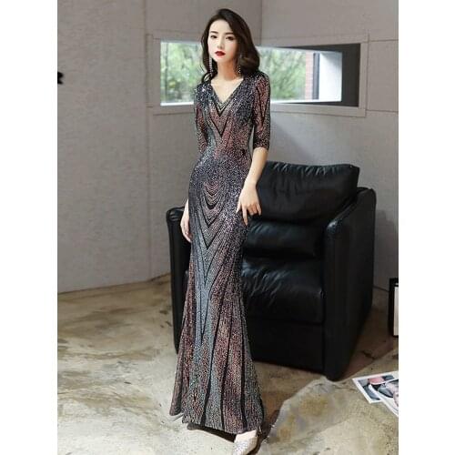 Sequin Mermaid Prom Dresses 2020 Sexy V-neck Floor-length Shiny Sparkly Women Evening Gowns Long With Sleeves