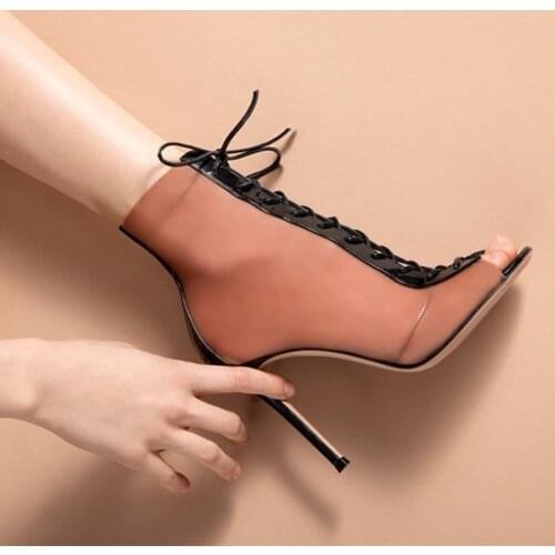 JINJOE Ankle shoes Peep Toe Short boots Cross strap Gladiator sandals party wedding flock leather stiletto lace up summer boot