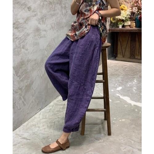 Women Pants 2021 Summer Retro Loose Casual Cotton and Linen Trousers Ladies New Elastic Waist pocket Vintage Pants