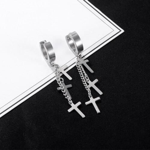 Long Tassel Chain Stainless Steel Cross Hoop Earrings for Women Men Jewelry Cartilage Girl Gift Minimalist Punk Rock Accessories