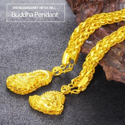 Classical 24K Yellow Gold Pendant Necklace for Women Men Buddha Guanyin Shape Pendant Gold Necklaces Chain Fine Jewelry Gifts