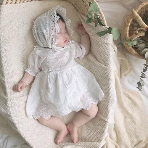 0-3Yrs Infant Clothes Rompers 2020 Summer Newborn Grils Cotton Lace Romper With Cap 2pcs Set Baby Girls Overall White