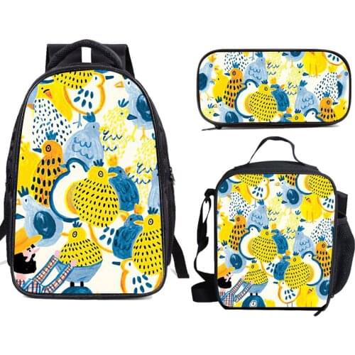 3PCS School Backpack Lunch Bags Pencil Cases Box for Girls Boys Illustration Sty Students Bookbags Cooler Bags