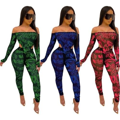 Sheer Mesh Two Piece Set Summer Matching Sets for Women Long Sleeve Bodysuit Pants Set Conjuntos Mujer Verano Sexy Club Outfits