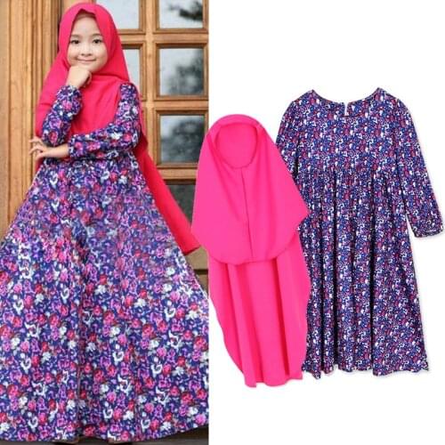 Muslim Girls Dress Islamic Long Dress+Hijab Dresses Children Fashion Clothes Kids Long 2-pieces Sets Headdress