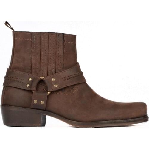 FootCourt- Brown Genuine Oiled Leather Western Boots Biker Ankle Boots Ankle Harness Elastic Sides Easy Entry Half Cuban Heel